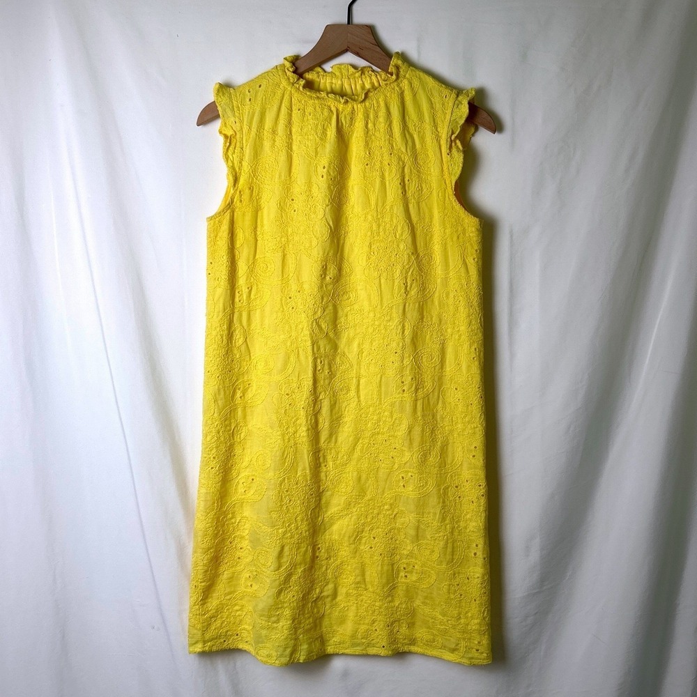 Nanette Lepore Womens Eyelet Ruffle Neck Sleeveless Shift Dress Size 2 Yellow